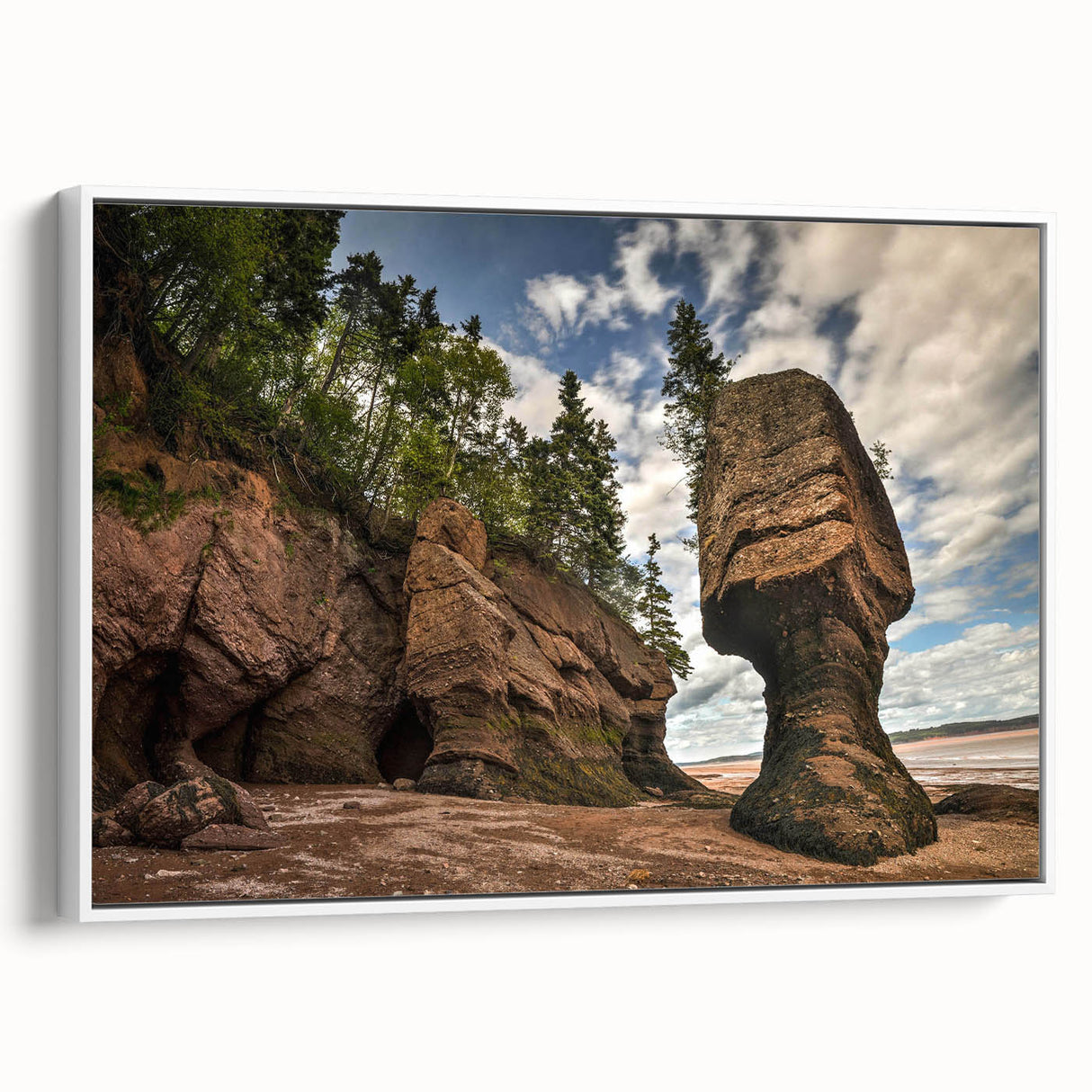 Framed canvas wall art showcasing a serene landscape with textured rocks and vibrant colors, presented from a side view against a white background. Ideal for modern decor.