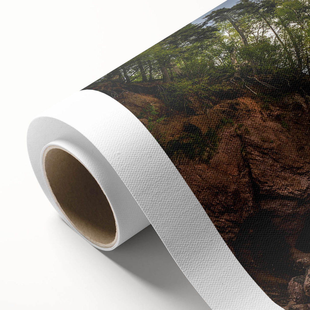 Rolled canvas art featuring a stunning landscape design with vibrant colors and textured rocks, elegantly packaged in a secure cardboard tube for safe delivery.