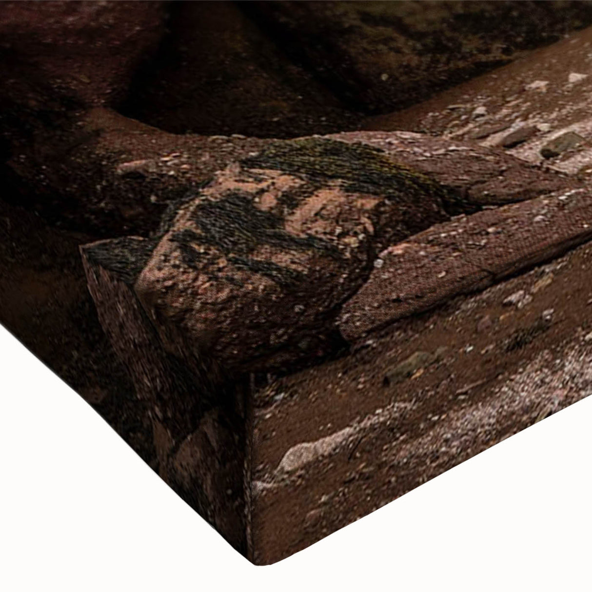 Close-up of a stretched canvas wall art piece showcasing a vibrant landscape design with intricate rock formations and earthy tones, ideal for modern home decor.