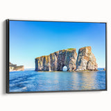 Framed canvas wall art showcasing a stunning landscape with rocky formations and vibrant colors, side view highlighting the sleek black frame for modern decor.
