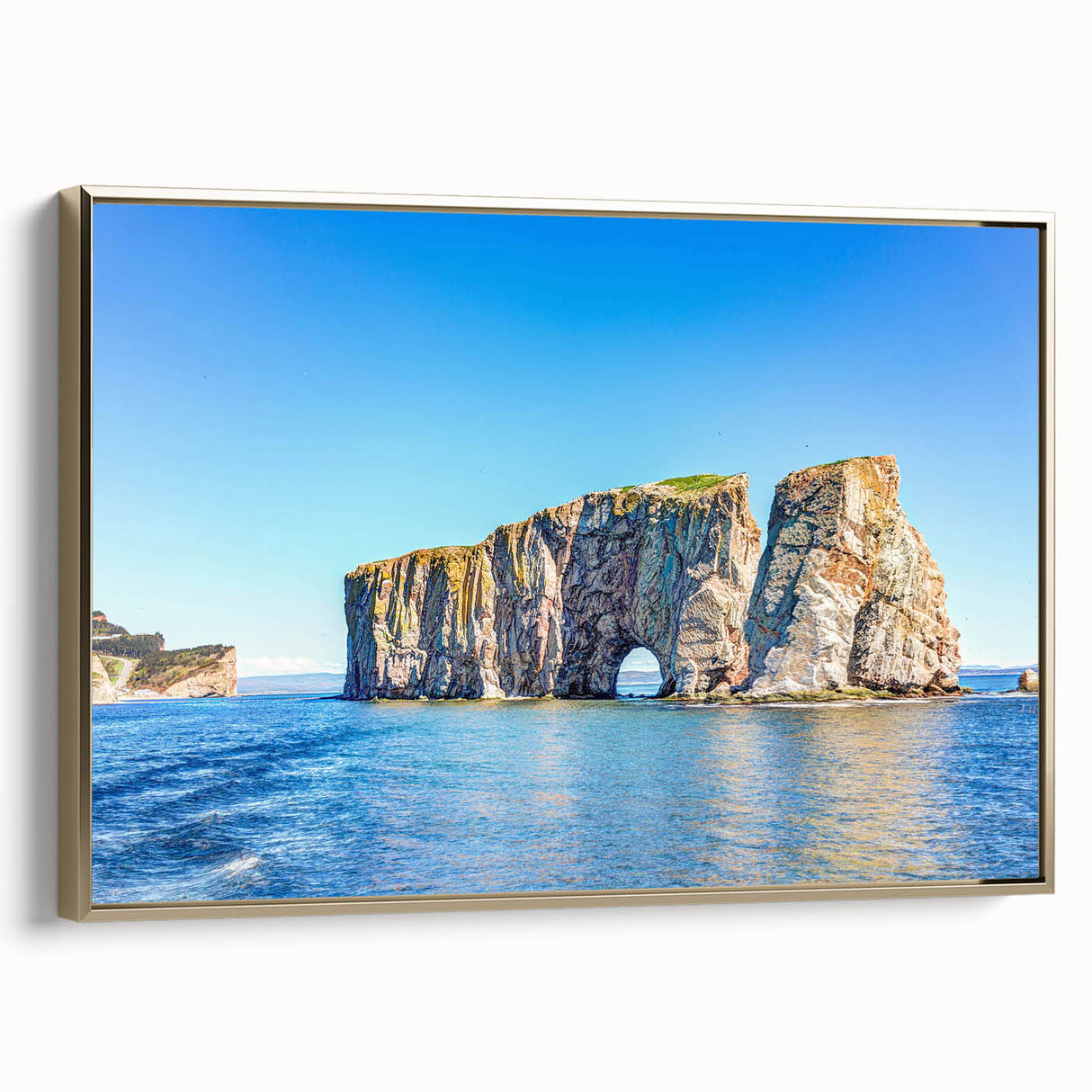 Framed canvas wall art showcasing a serene landscape with textured rocks and golden accents, perfect for enhancing home decor in a modern setting.
