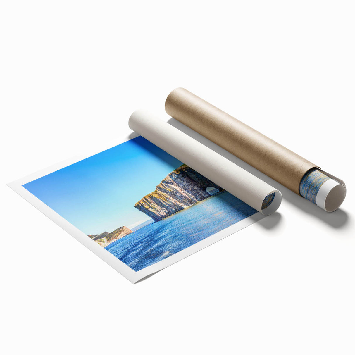 Vibrant rolled print of a rocky landscape design showcasing earthy tones and intricate details, perfect for home decor or art collections, packaged securely.