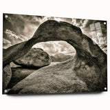 Acrylic glass wall art displaying a vibrant landscape design featuring colorful rocks and mountains, showcased from a side view with decorative pins for easy hanging. Ideal for modern home decor, this piece adds a striking visual element to any space.