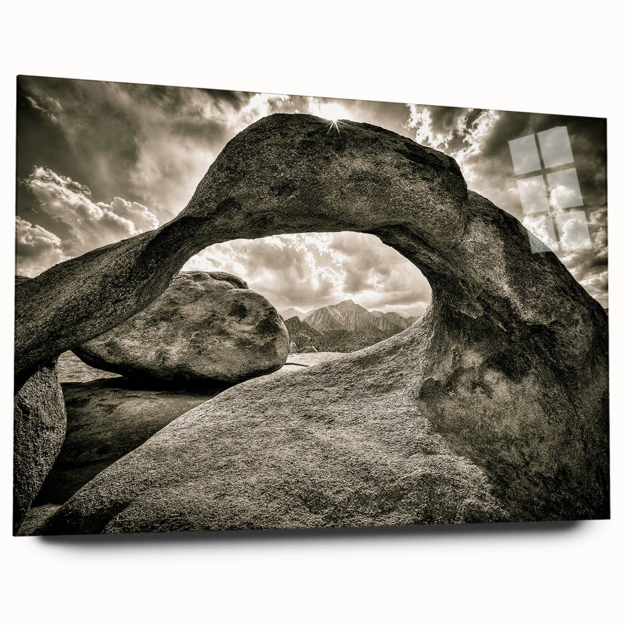 Acrylic glass wall art showcasing a stunning landscape with rocky formations, featuring vibrant colors and intricate details, perfect for modern home decor.