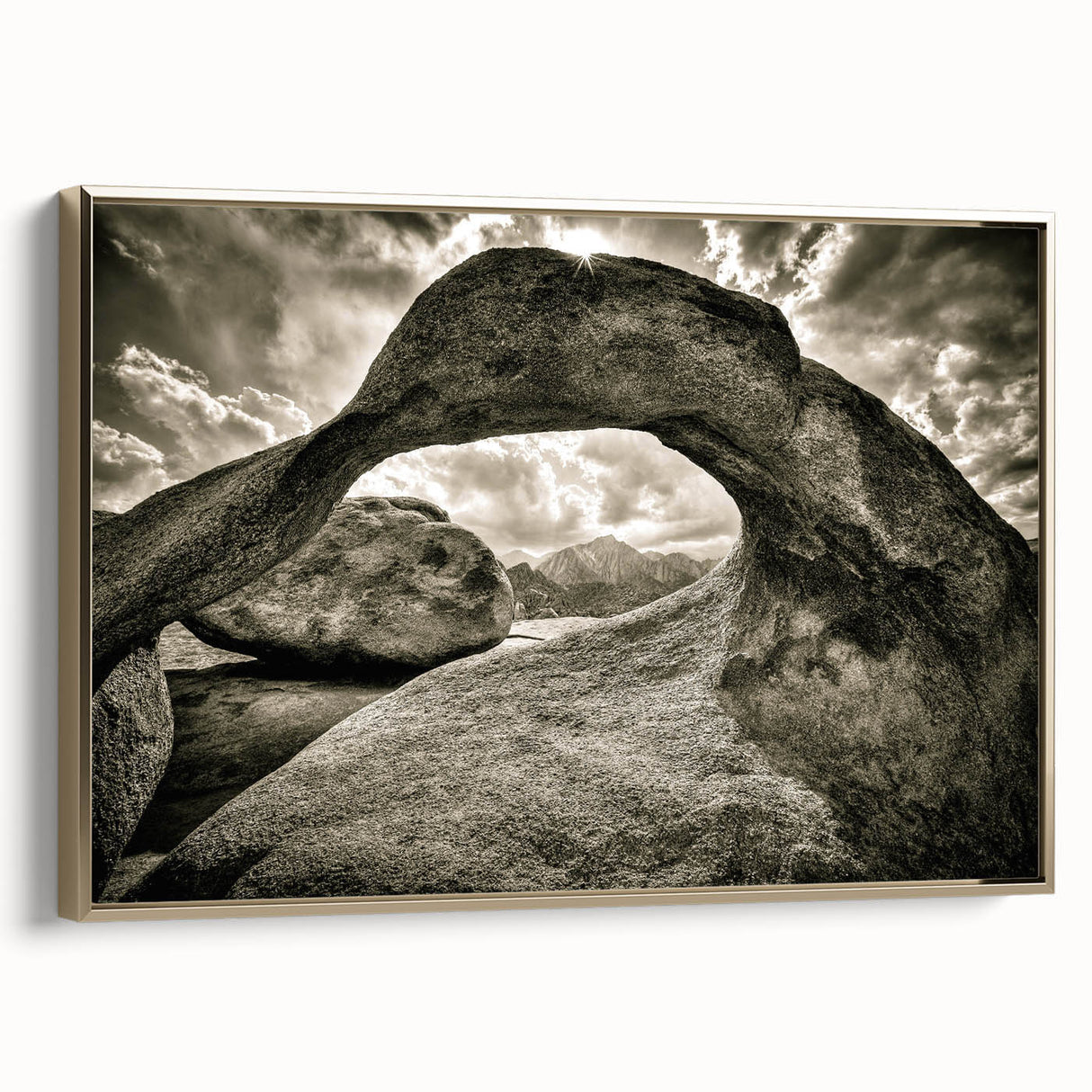 Framed canvas wall art showcasing a stunning landscape design with rocks and gold accents, viewed from the side, ideal for modern home decor.