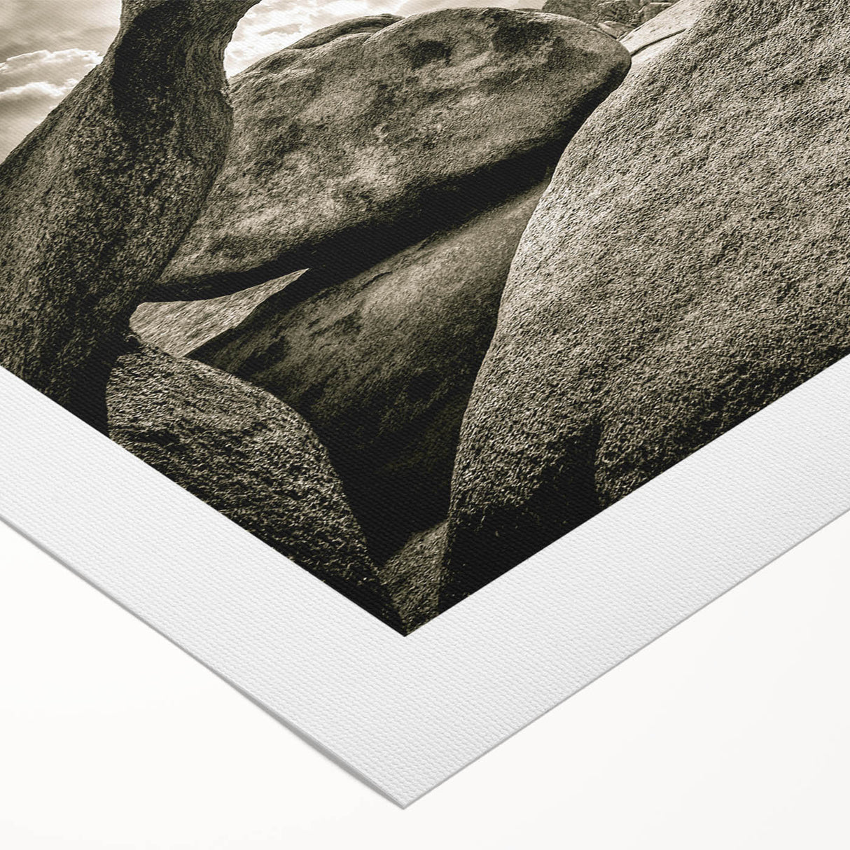 Vibrant rolled canvas artwork showcasing a serene landscape with layered rocks and soft pastel colors, ideal for modern home decor and interior styling.