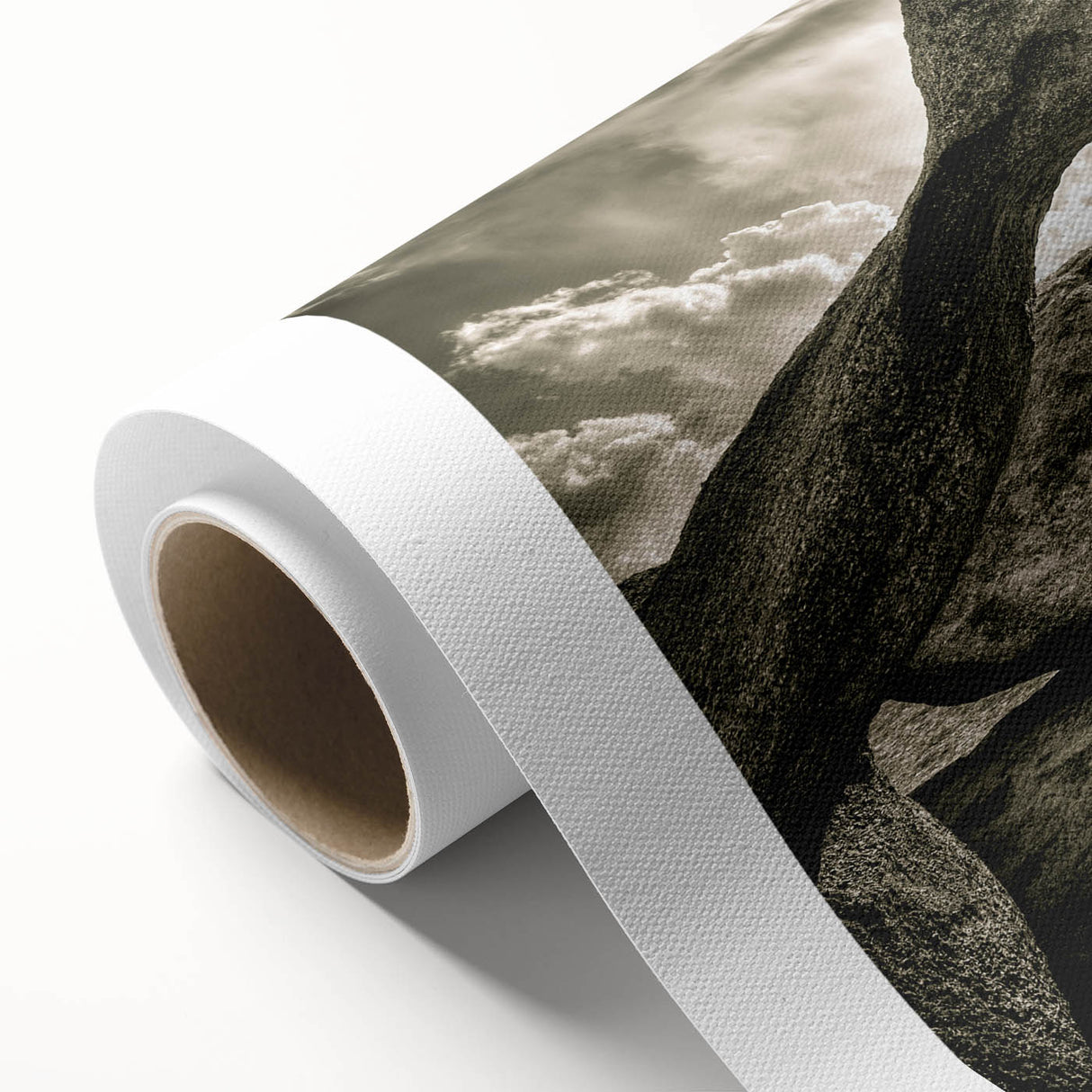 Rolled canvas artwork showcasing a serene landscape design with rocky cliffs and vibrant colors, elegantly packaged in a protective cardboard tube for safe shipping.