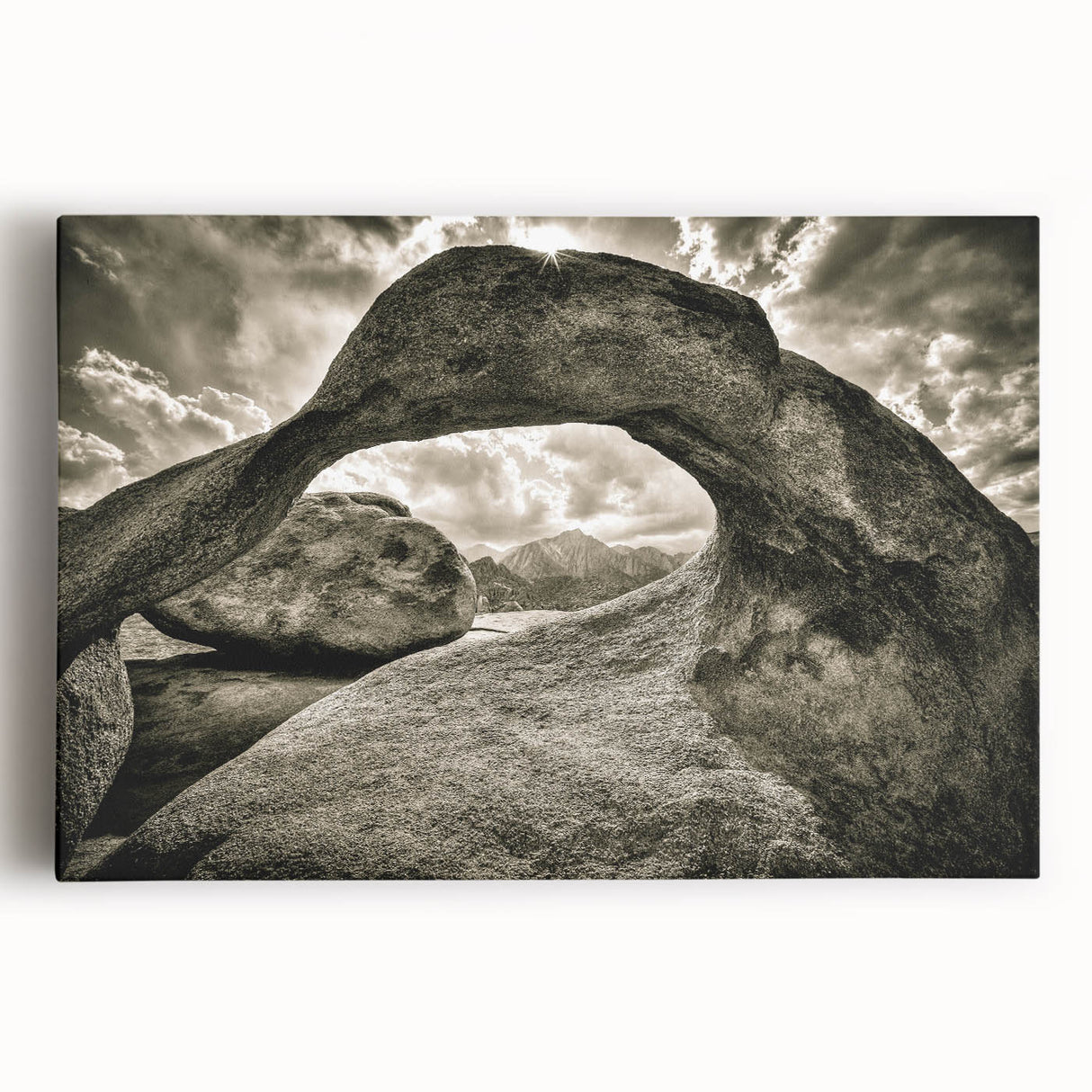 Stretched canvas wall art showcasing a vibrant landscape design with rugged rocks and soft earth tones, ideal for modern home decor, enhancing any living space.
