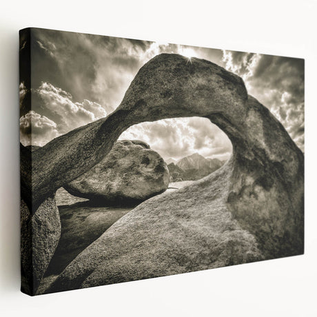 Stretched canvas wall art showcasing a tranquil landscape with rocky formations and soft pastel colors, adding a serene touch to any home decor.