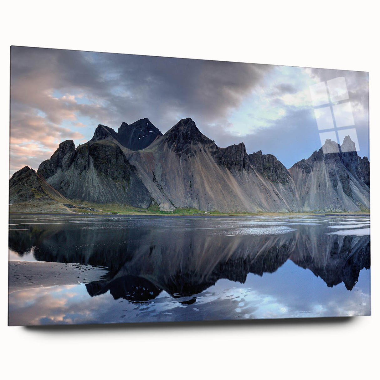 Acrylic wall art showcasing abstract landscape design with layered rocks in earthy tones, elegantly displayed from a side view, perfect for modern decor.