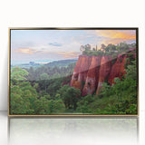 Framed acrylic wall art featuring a stunning landscape design with intricate rock formations, highlighted by gold accents, perfect for enhancing home decor.