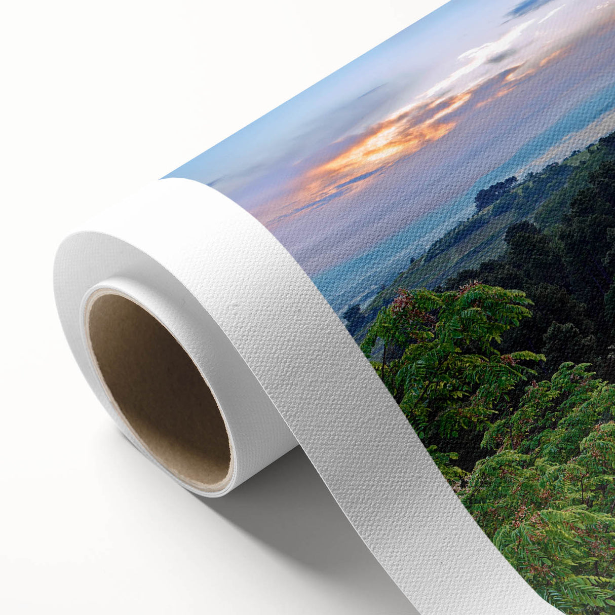 Rolled canvas artwork showcasing a stunning landscape with rocky formations and vibrant colors, perfect for enhancing home decor, packaged securely for delivery.