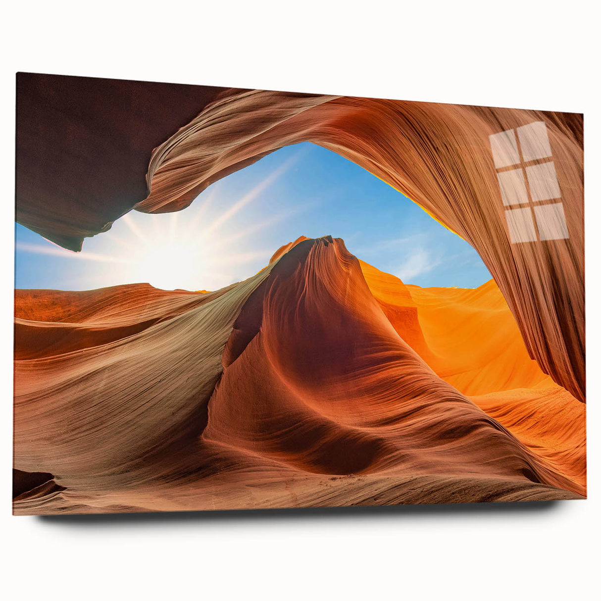 Acrylic glass wall art featuring a stunning landscape design with vibrant colors and intricate rock formations, displayed in a side view, perfect for home decor.