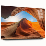 Acrylic glass wall art featuring a stunning landscape design with vibrant colors and intricate rock formations, displayed in a side view, perfect for home decor.