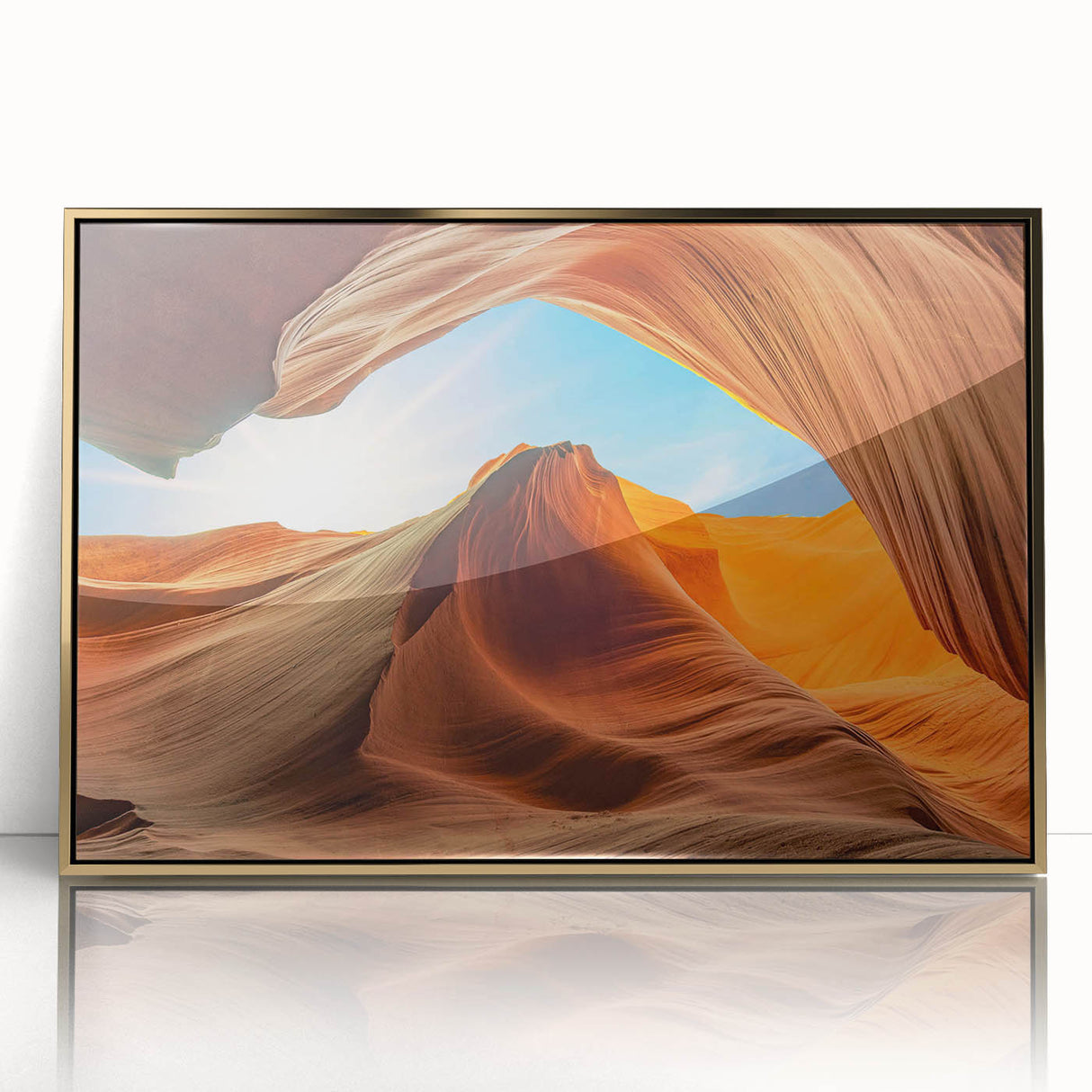 Framed acrylic wall art featuring a stunning landscape with bold rock formations and a gold border, perfect for modern home decor and artistic expression.