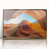 Framed acrylic wall art featuring a stunning landscape with bold rock formations and a gold border, perfect for modern home decor and artistic expression.