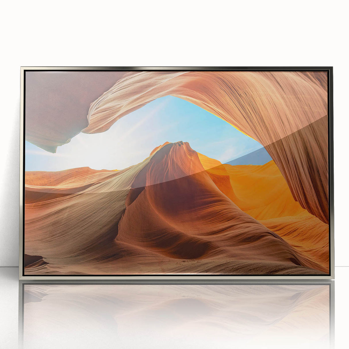 Framed wall art featuring a stunning landscape design with rocky formations and vibrant colors, showcasing a modern acrylic finish that enhances any decor.