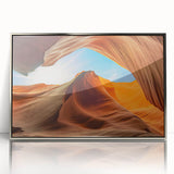 Framed wall art featuring a stunning landscape design with rocky formations and vibrant colors, showcasing a modern acrylic finish that enhances any decor.