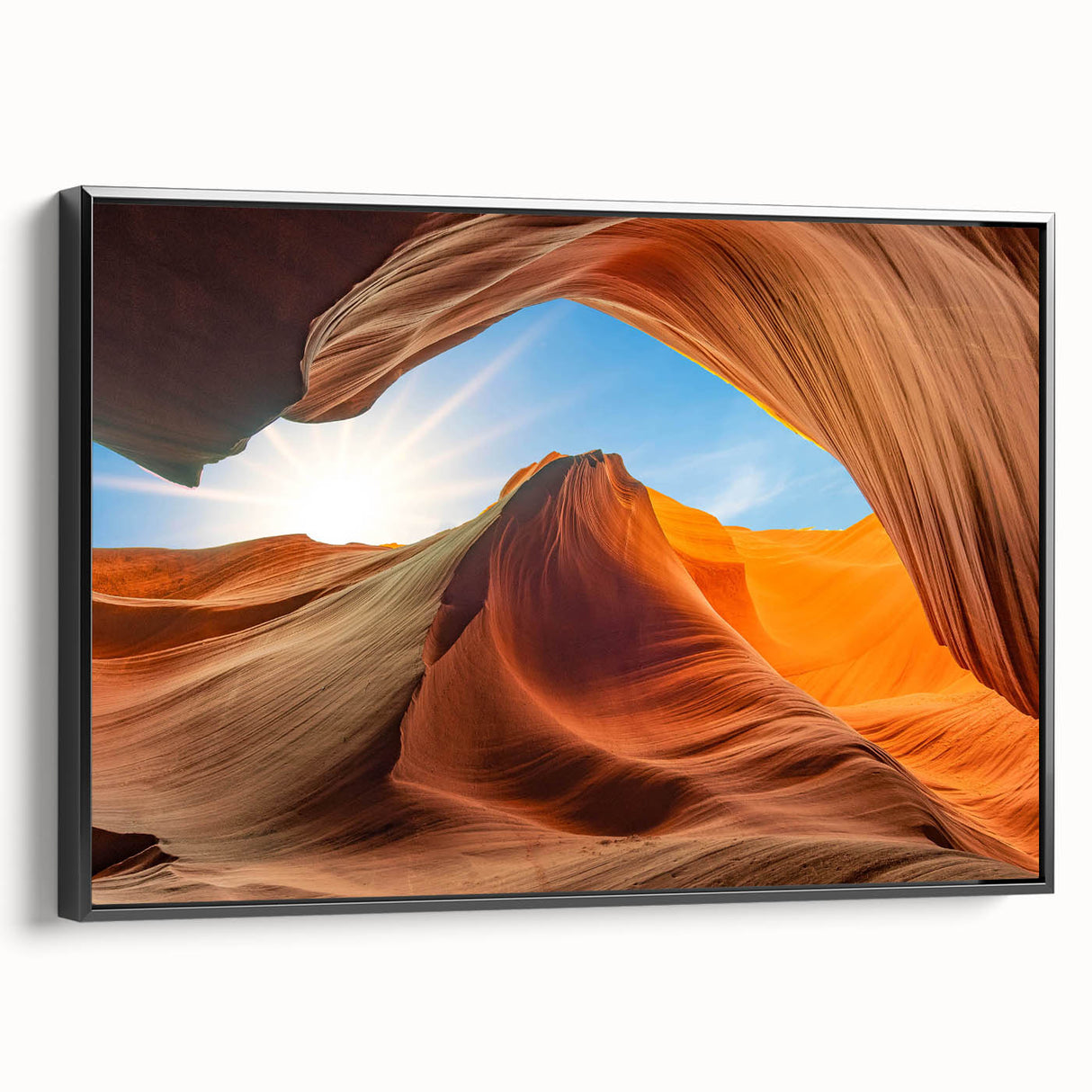 Framed canvas wall art featuring a serene landscape design with rocks and natural elements, showcasing a black frame. Ideal for contemporary home decor.
