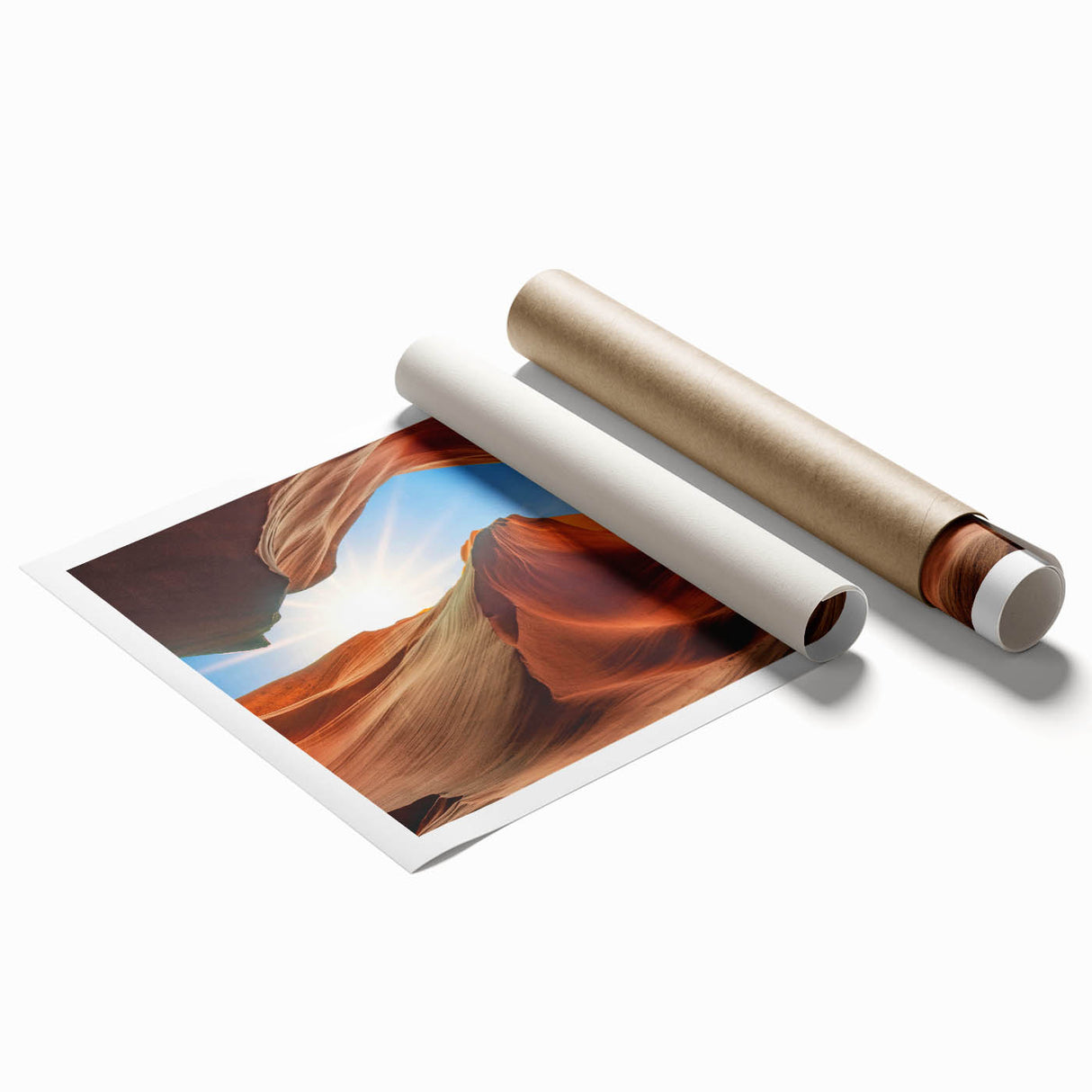 Vibrant rolled print of a landscape featuring intricate rocky formations and earthy tones, perfect for home decor, showcasing nature's beauty in a modern design.
