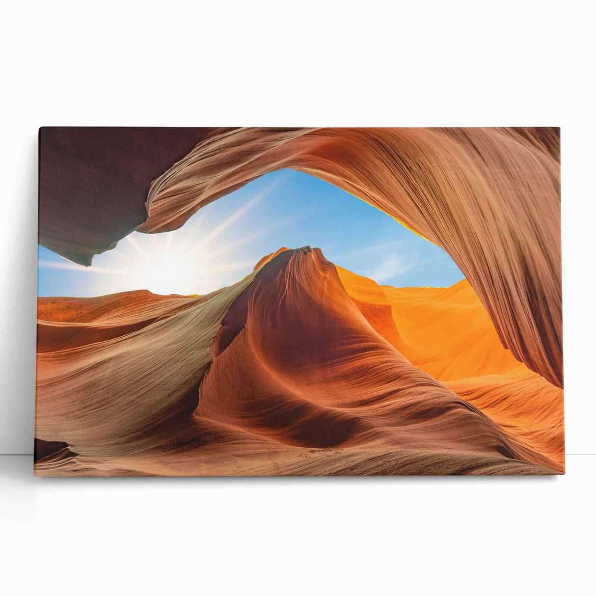 Stretched canvas wall art showcasing a serene landscape with rocky formations and soft pastel colors, perfect for modern home decor or office ambiance.