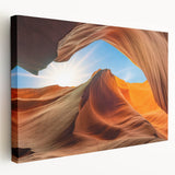 Stretched canvas wall art showcasing a serene landscape with intricate rock formations and vibrant colors, ideal for enhancing modern home decor.