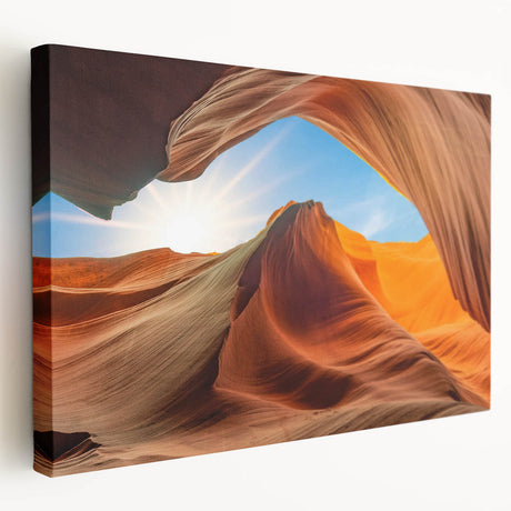 Stretched canvas wall art showcasing a serene landscape with intricate rock formations and vibrant colors, ideal for enhancing modern home decor.