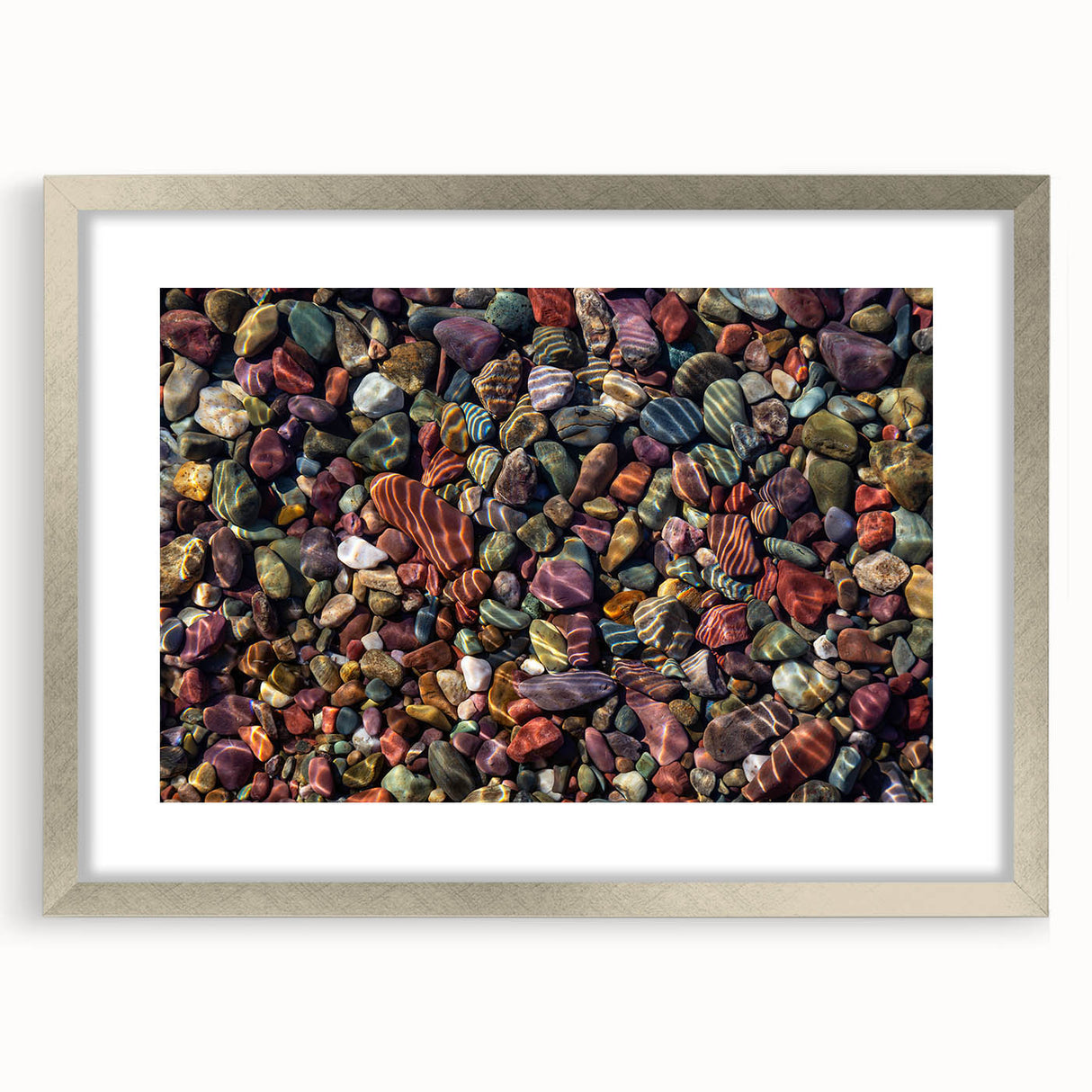 Framed wall art showcasing a stunning landscape with rocky formations, featuring a silver mat for an elegant touch, perfect for home decor enhancement.