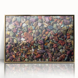 Framed acrylic wall art featuring a modern landscape design with rocky formations, accented with gold tones, ideal for contemporary home decor.