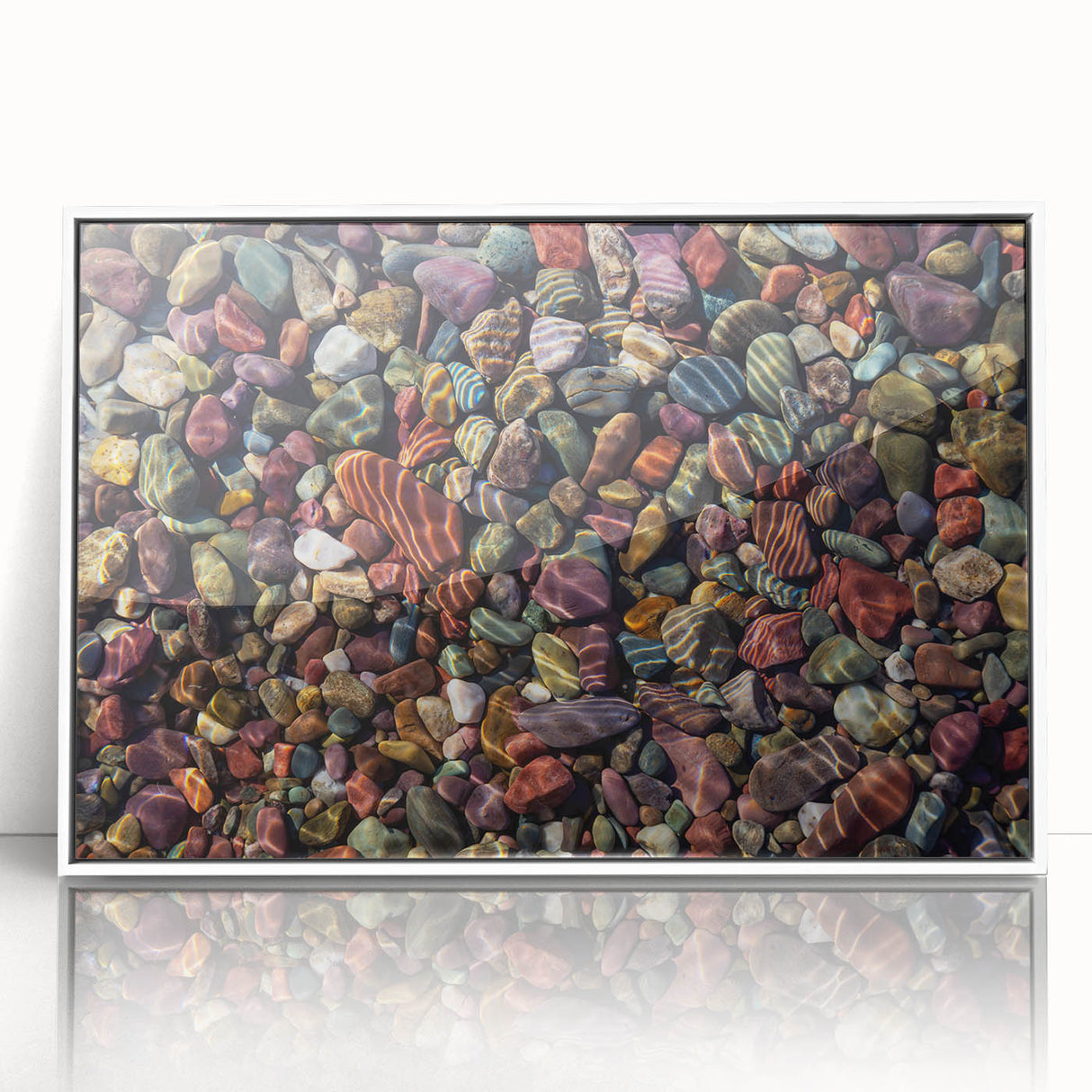 Framed acrylic wall art displaying a striking landscape design featuring rugged rocks against a serene backdrop, designed to enhance any modern interior decor.