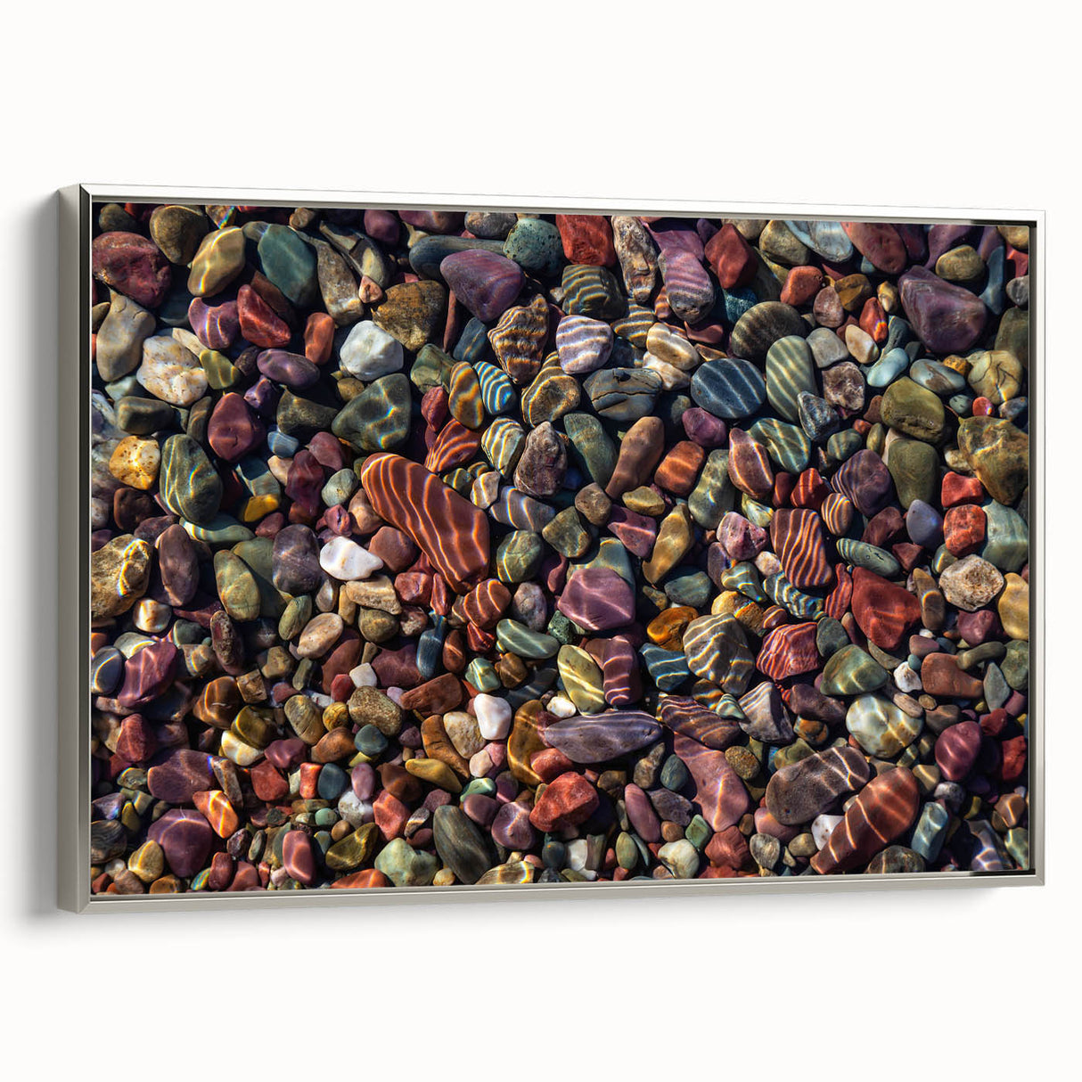 Framed canvas wall art showcasing a modern landscape design with textured rocks and silver accents, ideal for contemporary decor. Perfect for elevating any interior space.