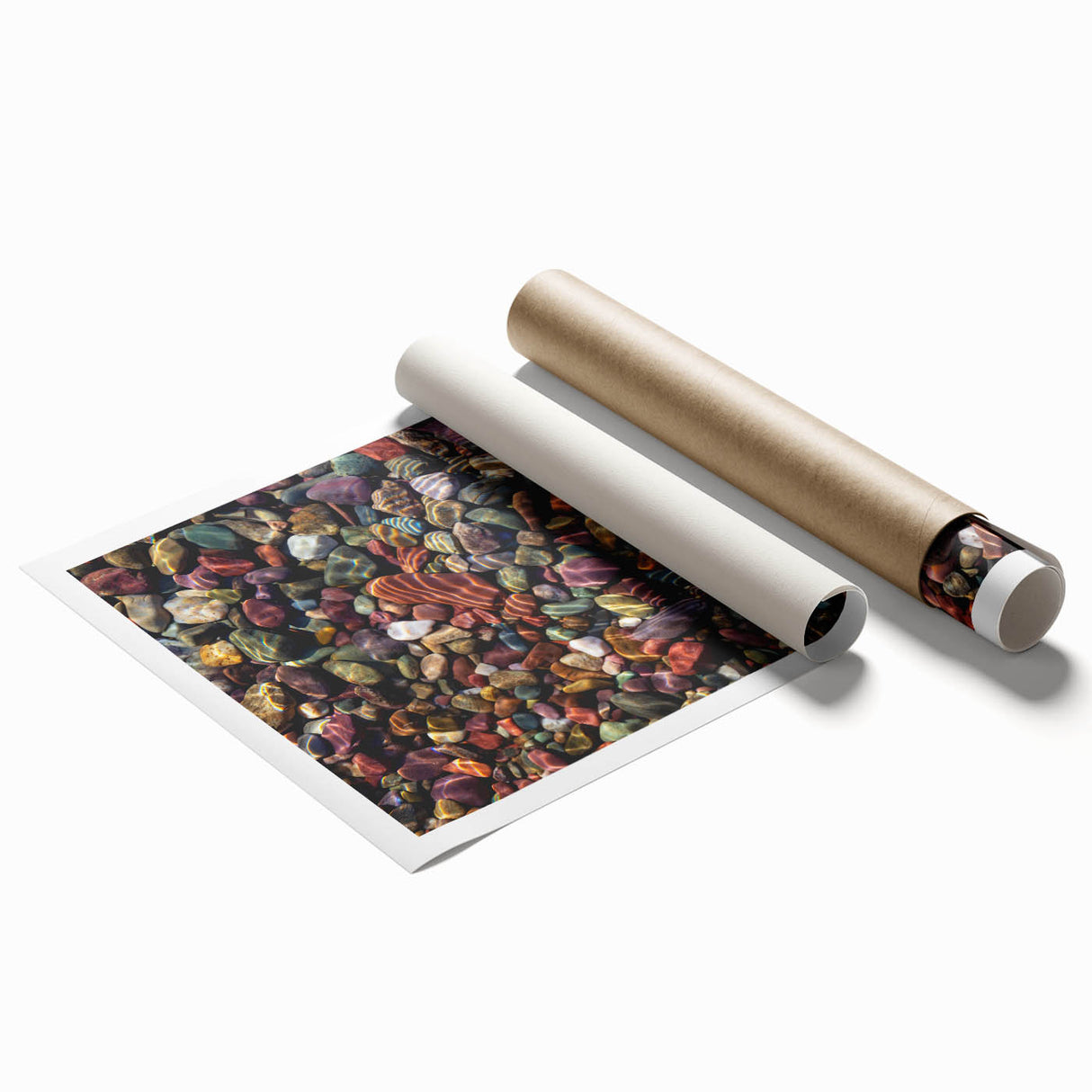 Abstract landscape wall art print showcasing vibrant rock formations in earthy tones, rolled for shipping in a protective cardboard tube. Ideal for home décor.
