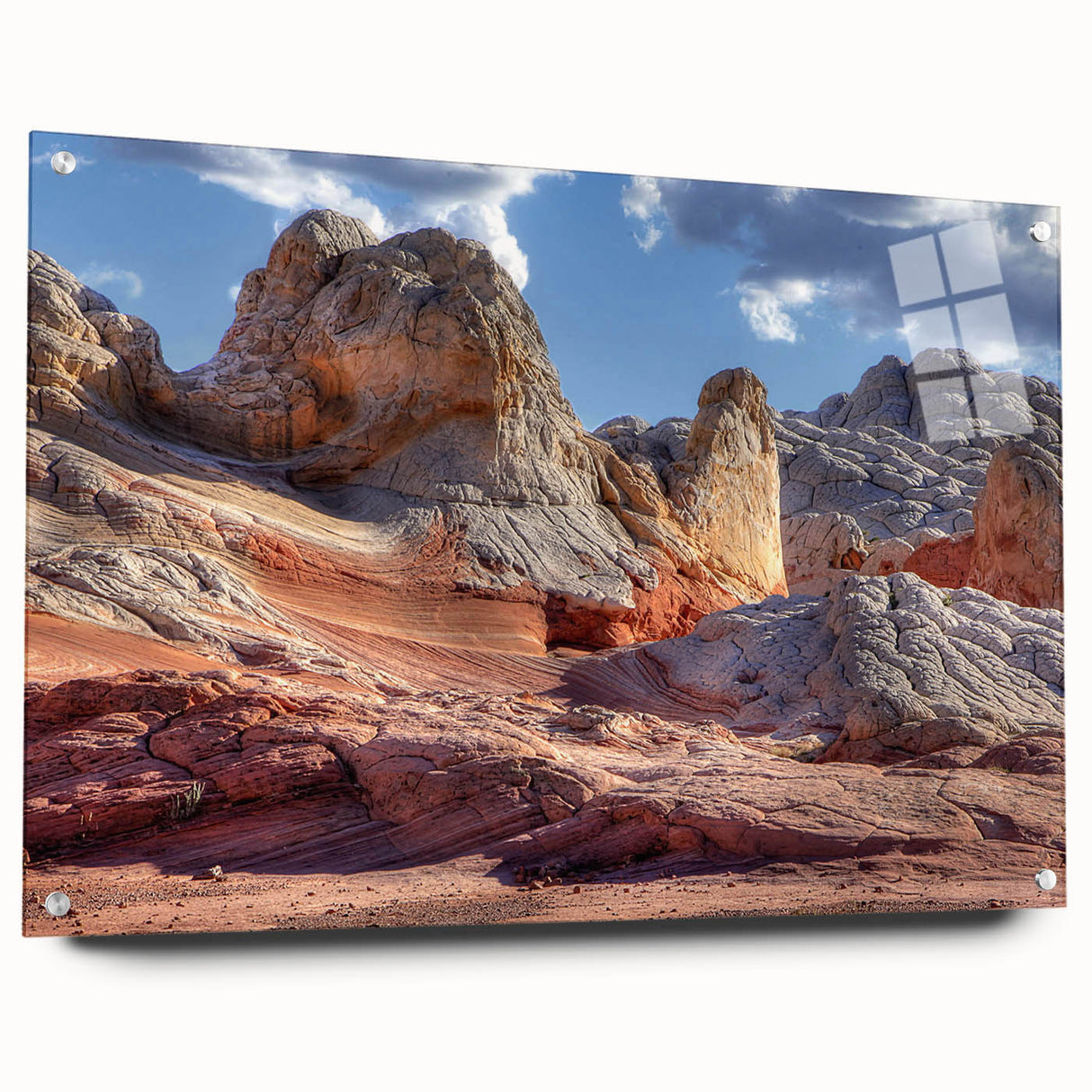 Acrylic wall art collection showcasing a vibrant landscape design featuring textured rocks in a modern side view, elegantly displayed with decorative pins.
