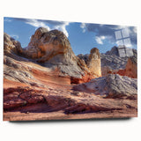 Sleek acrylic glass wall art showcasing a modern landscape design with vibrant rocks and serene colors, ideal for contemporary home decor.