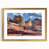 Framed wall art collection showcasing abstract landscape design with rocks in earthy tones, featuring a gold mat, perfect for enhancing modern decor.