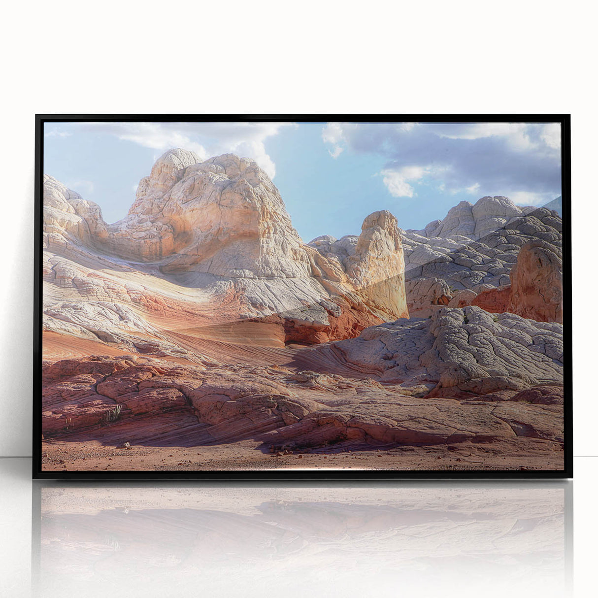 Framed acrylic wall art featuring a modern landscape design with black rocks, showcasing a sleek front view against a minimalist background, perfect for contemporary decor.