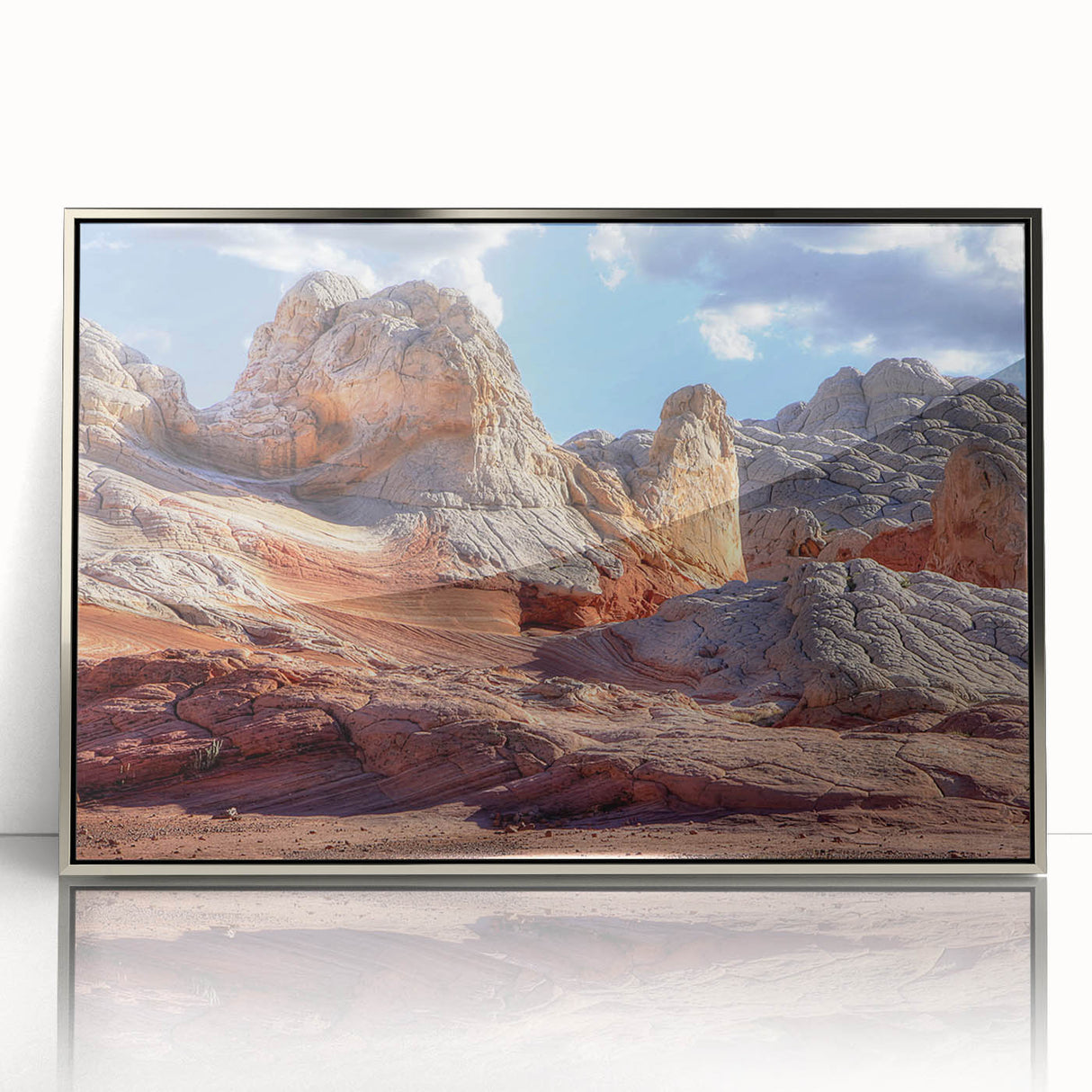 Framed acrylic wall art featuring a stunning landscape of rocky formations in silver tones, ideal for modern home decor, enhancing any living space with its vibrant design.