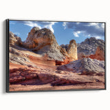 Framed canvas wall art showcasing a striking rock landscape design in earthy tones, viewed from the side, ideal for enhancing modern home decor.