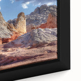 Close-up view of a framed landscape wall art piece showcasing a rocky terrain with earthy tones, ideal for modern home decor. Perfect for nature enthusiasts and art collectors.