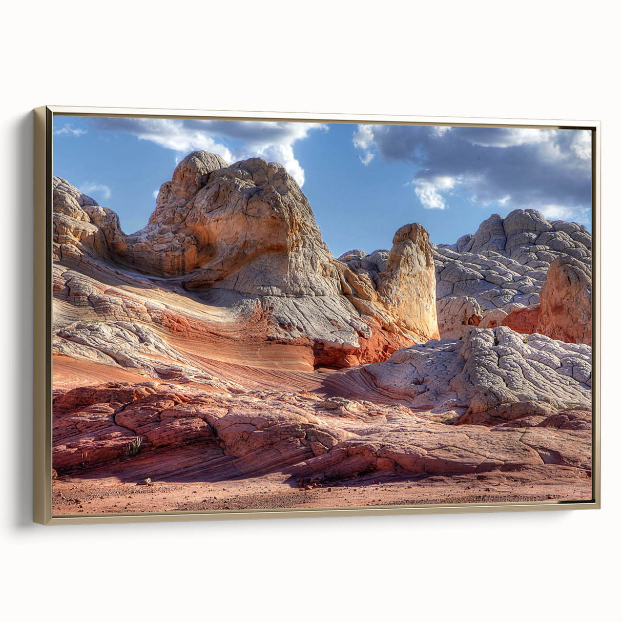 Framed canvas wall art featuring a striking landscape design with rocks and subtle gold accents, displayed in a stylish side view, enhancing modern decor.