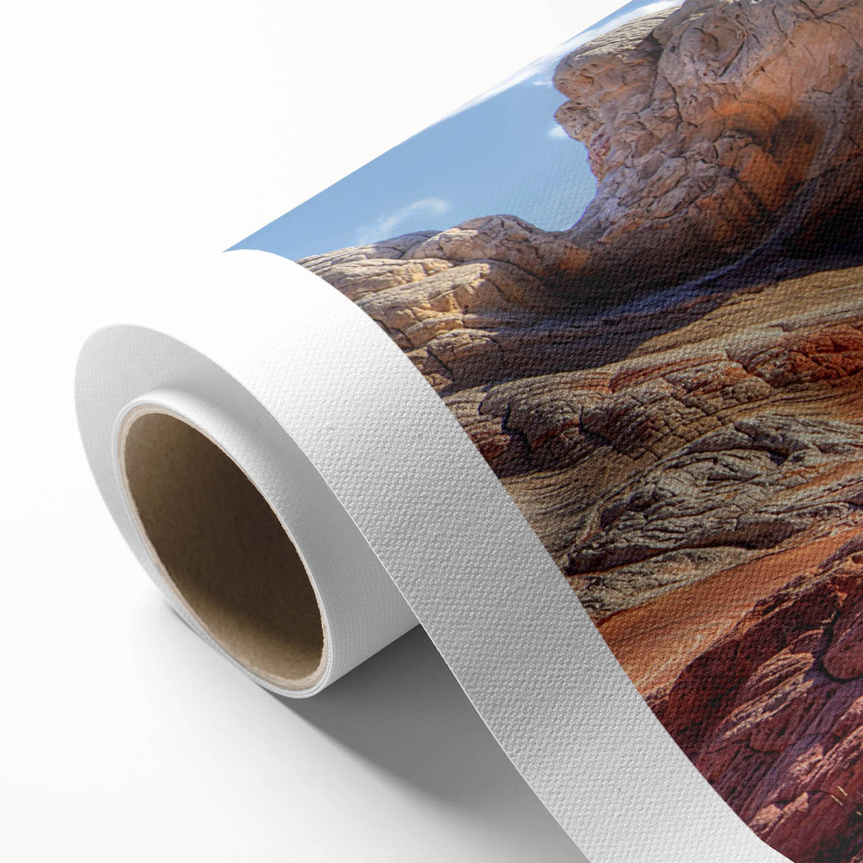 Rolled canvas art print showcasing a serene landscape with textured rocks and vibrant colors, ideal for home decor. Packaged securely in a cardboard tube for safe delivery.