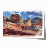 Abstract landscape wall art print showcasing a serene rocky terrain with muted earth tones, rolled for easy shipping and display. Ideal for enhancing modern home decor.