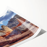 Abstract landscape wall art print showcasing vibrant rocks in earthy tones, elegantly rolled for display. Perfect for modern decor, adding a touch of nature to any space.