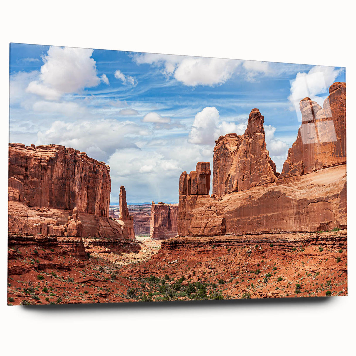 Acrylic wall art featuring a vibrant landscape design with bold rock formations, displayed in a side view without pins, perfect for modern home decor.
