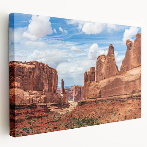Stretched canvas wall art showcasing a vibrant landscape design with abstract rocks and earthy tones, perfect for modern home decor.
