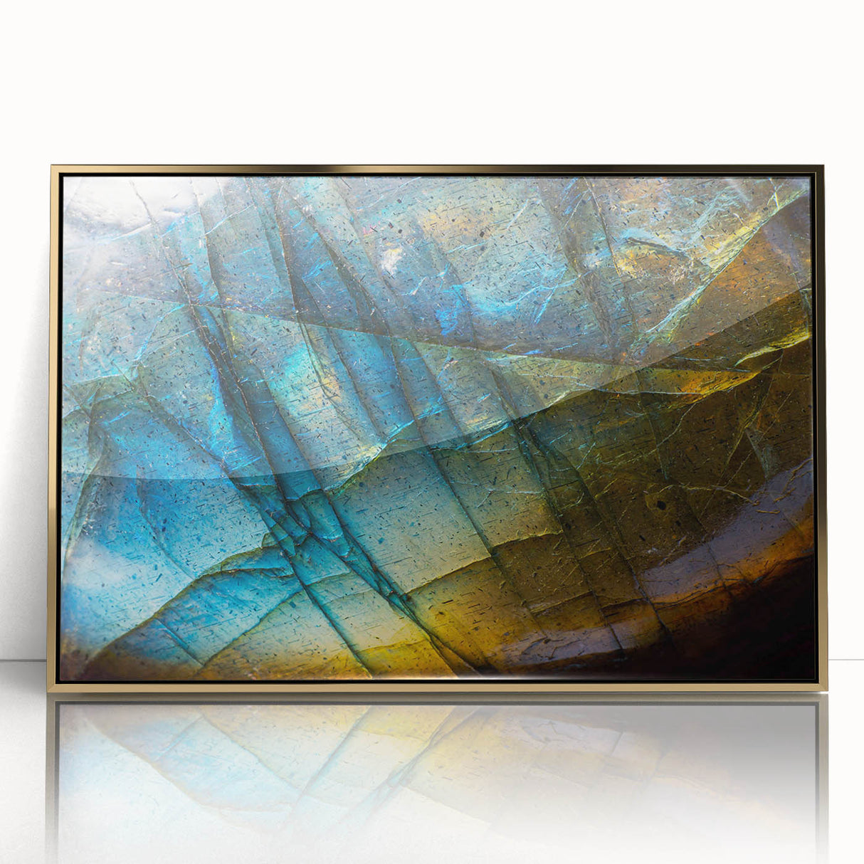 Framed acrylic wall art featuring a stunning landscape design with rocks and gold accents, perfect for modern home decor. Ideal for living rooms or offices.