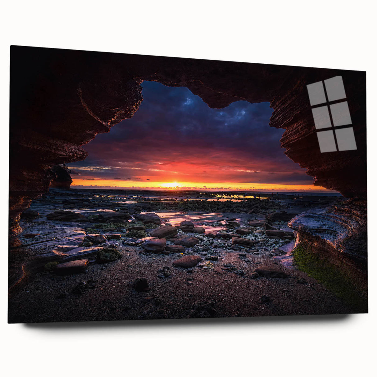 Acrylic glass wall art showcasing a stunning landscape design with vibrant colors and intricate rock formations, displayed from the side without pins, perfect for home decor.