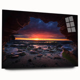 Acrylic glass wall art showcasing a stunning landscape design with vibrant colors and intricate rock formations, displayed from the side without pins, perfect for home decor.