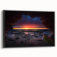 Framed canvas wall art showcasing a contemporary landscape design with rocky formations, featuring a sleek black frame that enhances its modern aesthetic. Ideal for home decor.