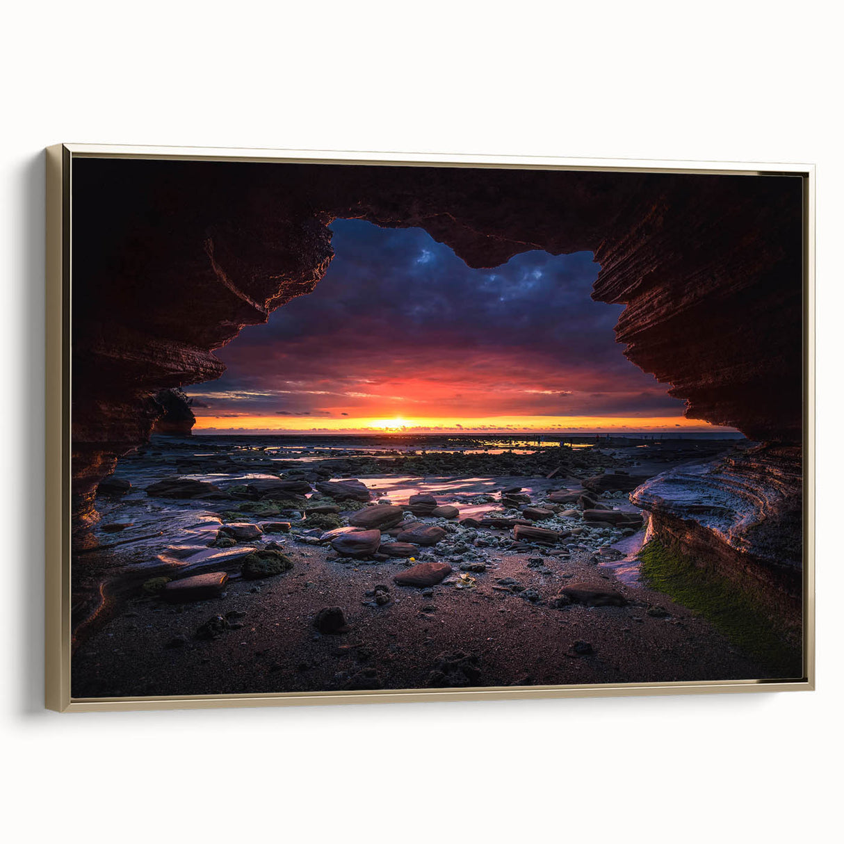 Framed canvas wall art showcasing a contemporary landscape design with rocky formations and gold accents, perfect for modern home decor.